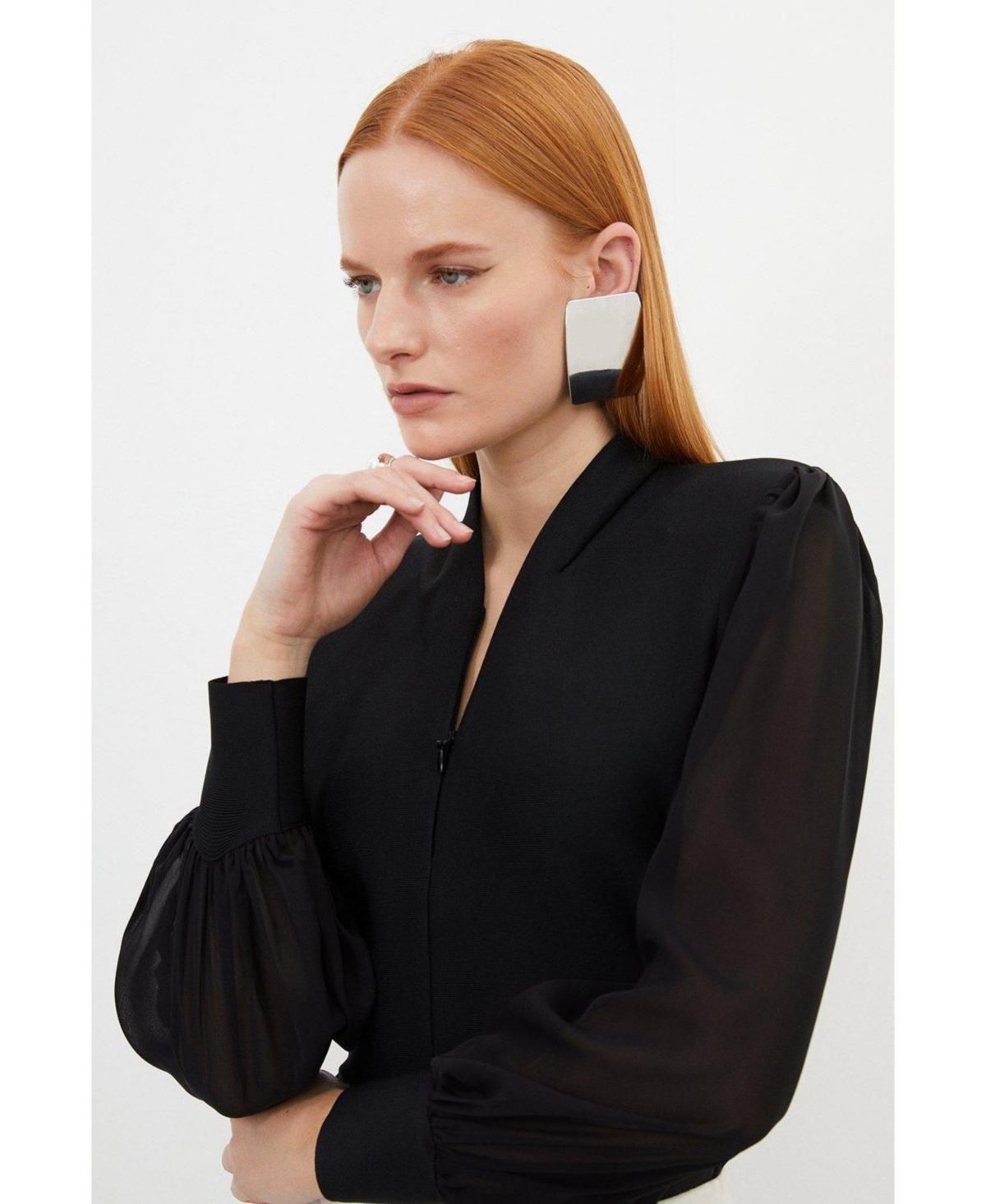 Karen Millen Women's Zip Detail Chiffon Sleeve Knit Top