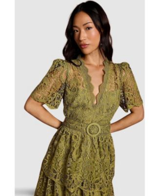 Women's Short Sleeve Tiered Lace Midi Dress