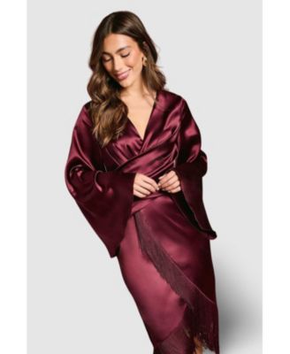 Women's Satin Fringe Hem Wrap Waist Midi Dress