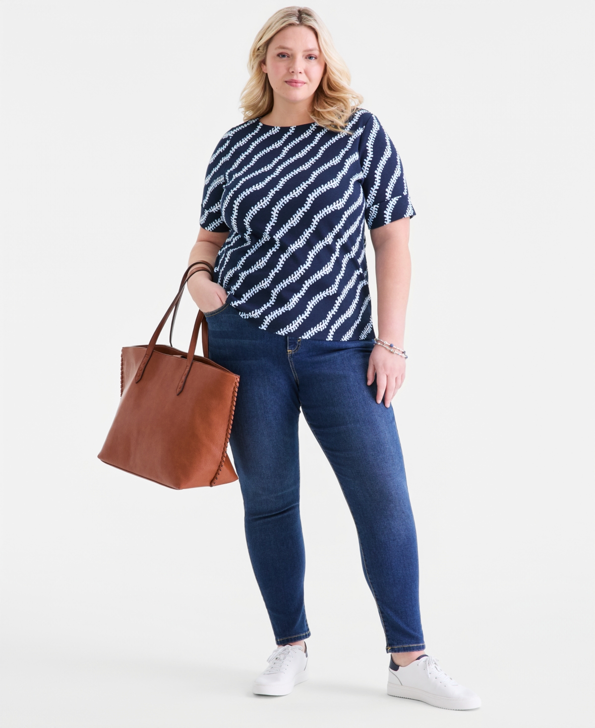 Style & Co Plus Size Printed Boat-Neck Elbow Sleeve Cotton Top, Macy's Exclusive