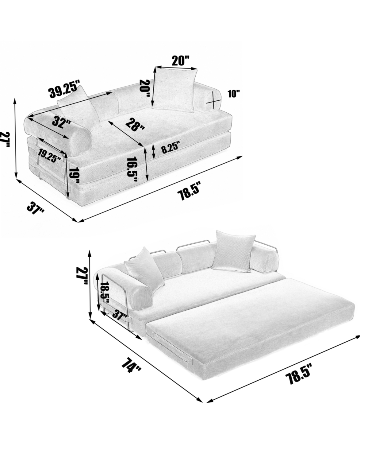 Streamdale Furniture 78.5" Folding Convertible Out Sleeper Sofa Bed, 5-in-1 Diy Combination Sofa