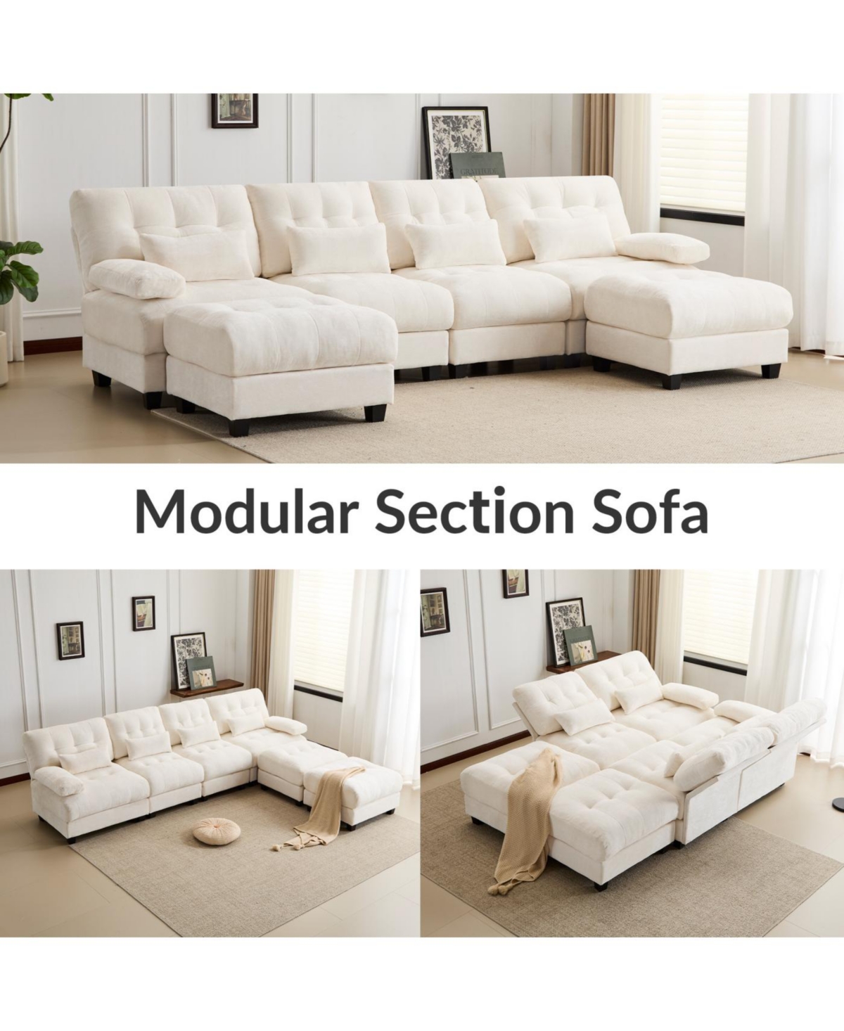 Streamdale Furniture Streamdale 119" 4-Seater Sofa w/ 2 Ottomans, Adj. Backrest, 350lb/Seat, Chenille