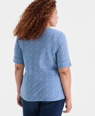 Plus Size Boat-Neck Elbow Sleeve Cotton Top,  Macy's Exclusive