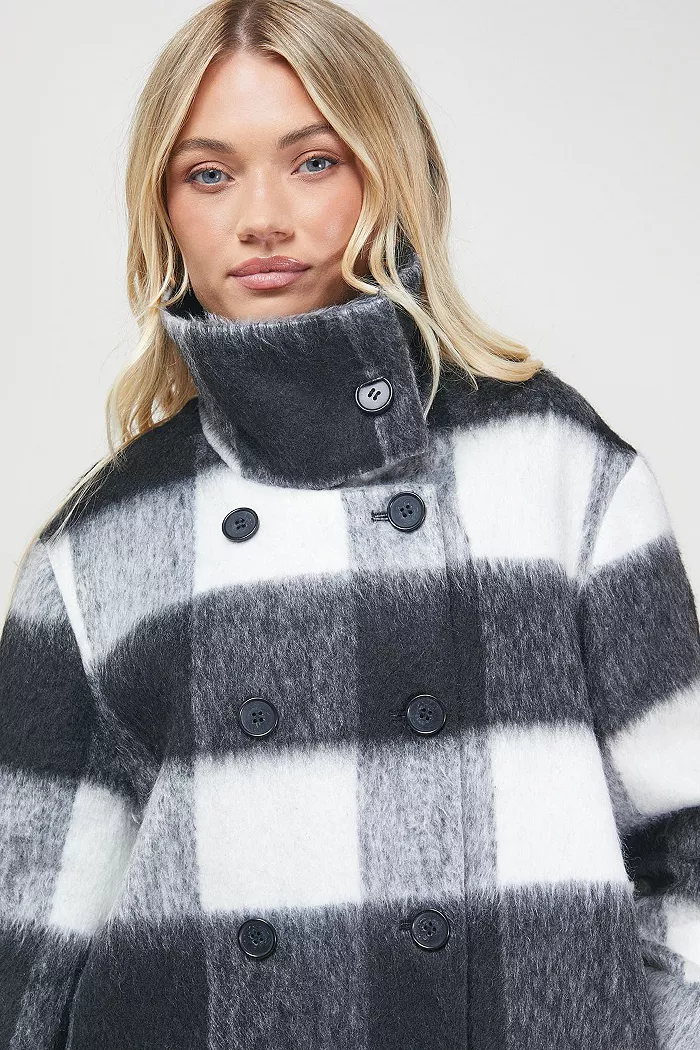 Women's Brushed Check Funnel Neck Coat - thumbnail 8