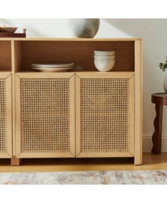 63" Mid Century Modern Rattan Sideboard Buffet Cabinet with Storage, Retro Coffee Bar