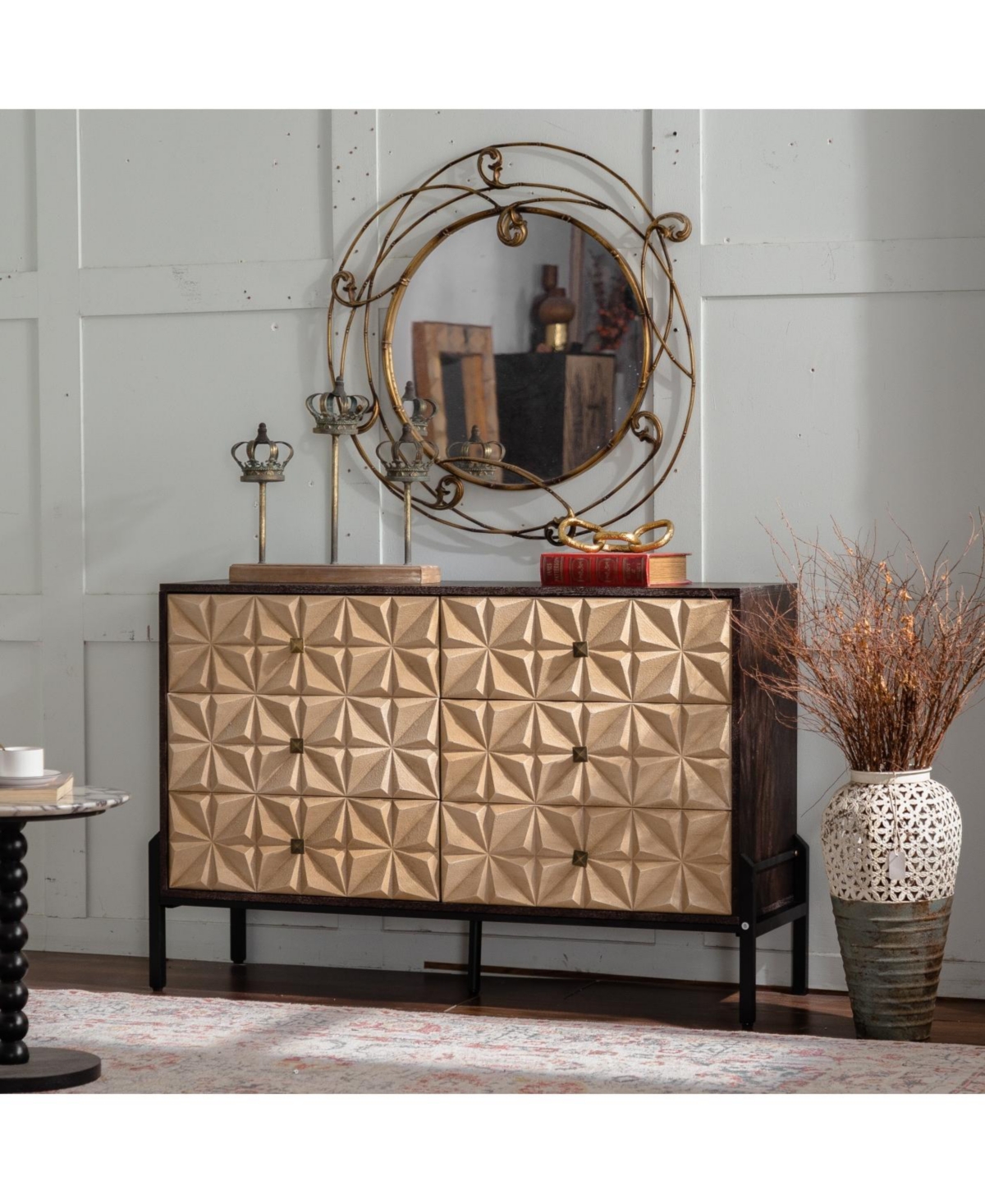 Streamdale Furniture Streamdale Solid Wood Sideboard with Geometric Pattern, 6 Drawers
