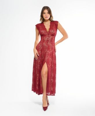 Women's Shapewear Boho Floral Lace Front Slit Maxi Dress
