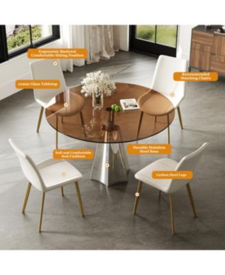 Streamdale 35" Round Dining Table Set w/ 4 White Chairs & Black Glass Top