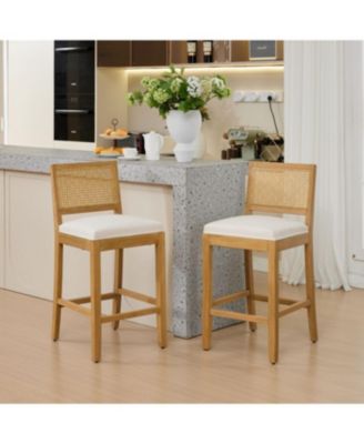 Streamdale Solid Wood Rattan-Inspired Bar Stool with Linen Cushion