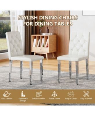 4-pack white PU dining chairs with buckle backrest & silver legs