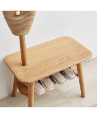 Streamdale Natural Solid Wood Shoe Stool with Cloth Hanger & Storage Bench