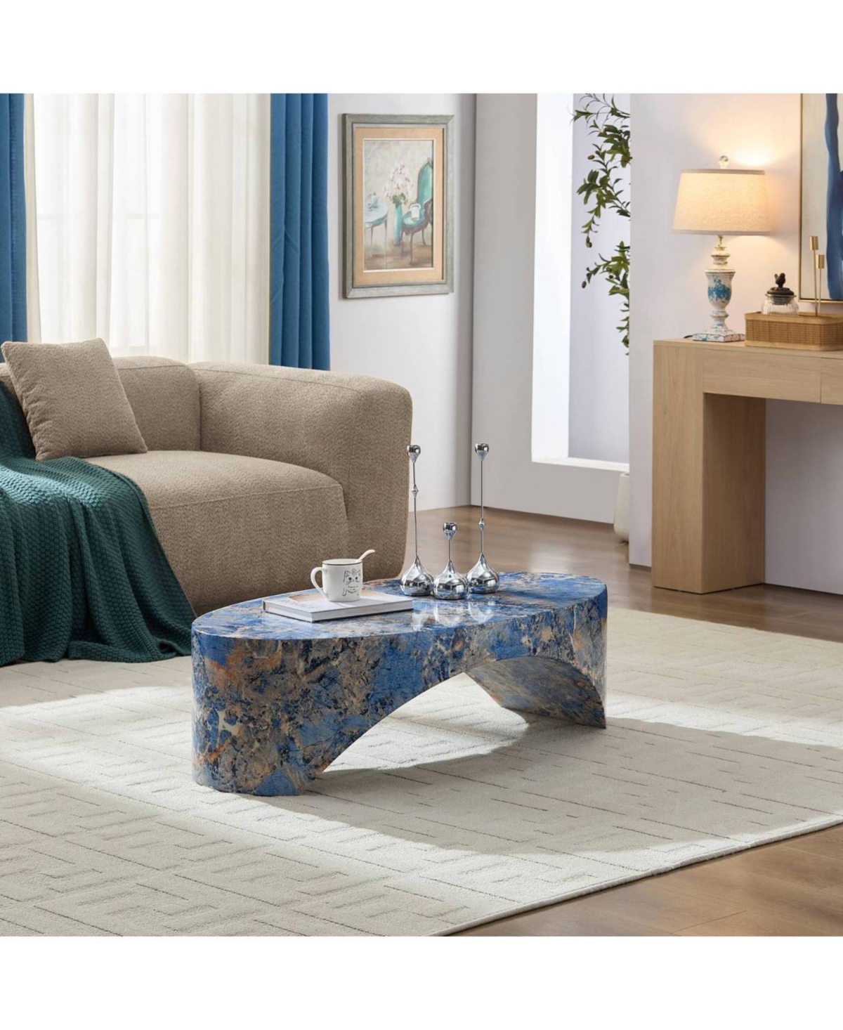 Streamdale Furniture Streamdale The oval natural marble coffee table side table in the living room, blue