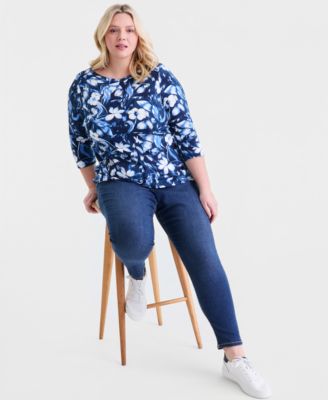 Plus Size Printed Cotton 3/4-Sleeve Top