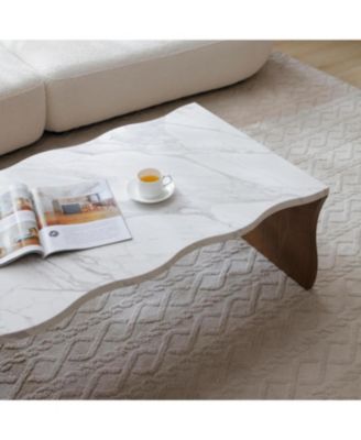 Whisper of Waves Modern Coffee Table, White Faux Marble, Walnut Brown