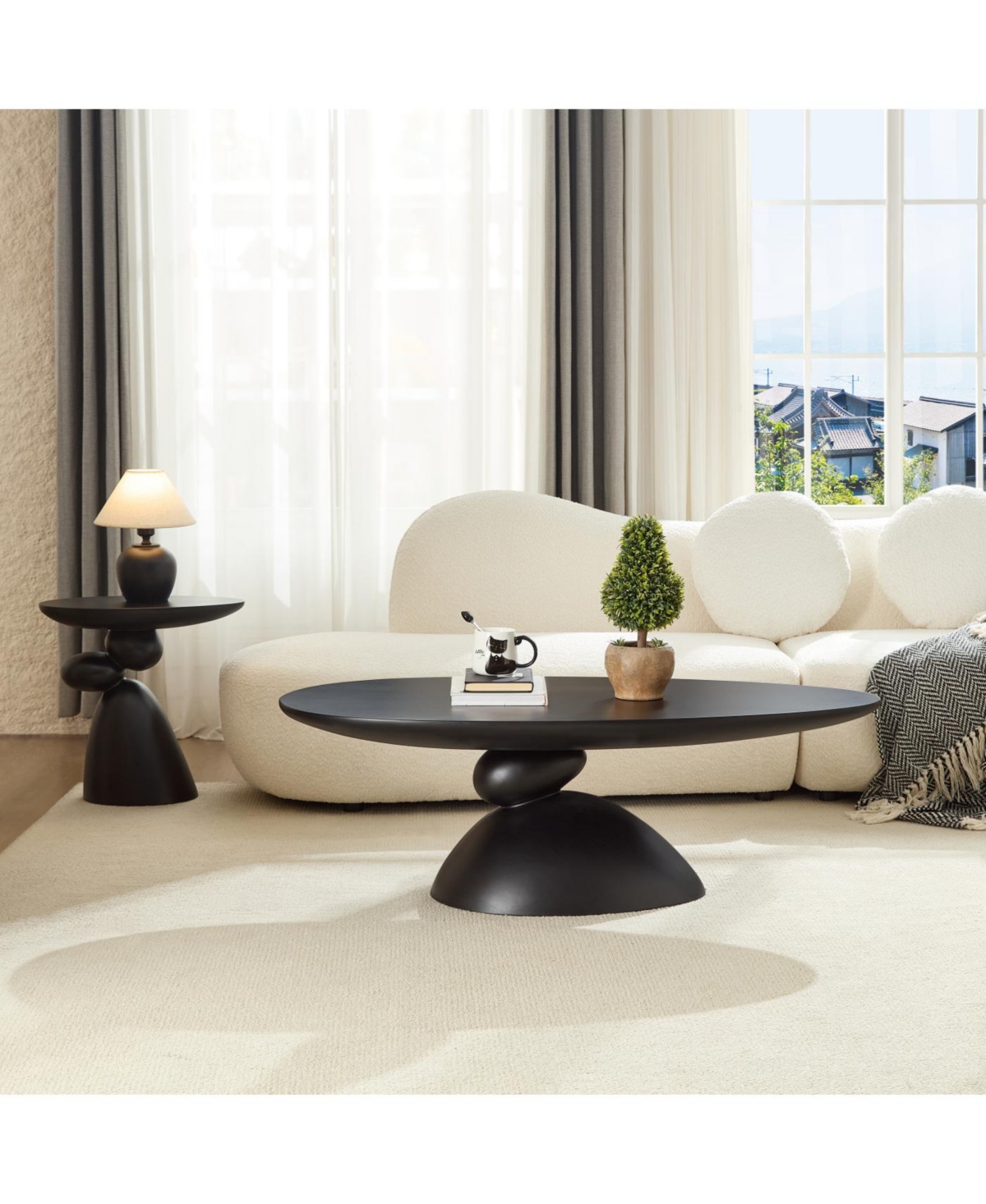 Streamdale Lucky Stone Oval Coffee Table, Modern Minimalist Fiberglass Center Table, Black