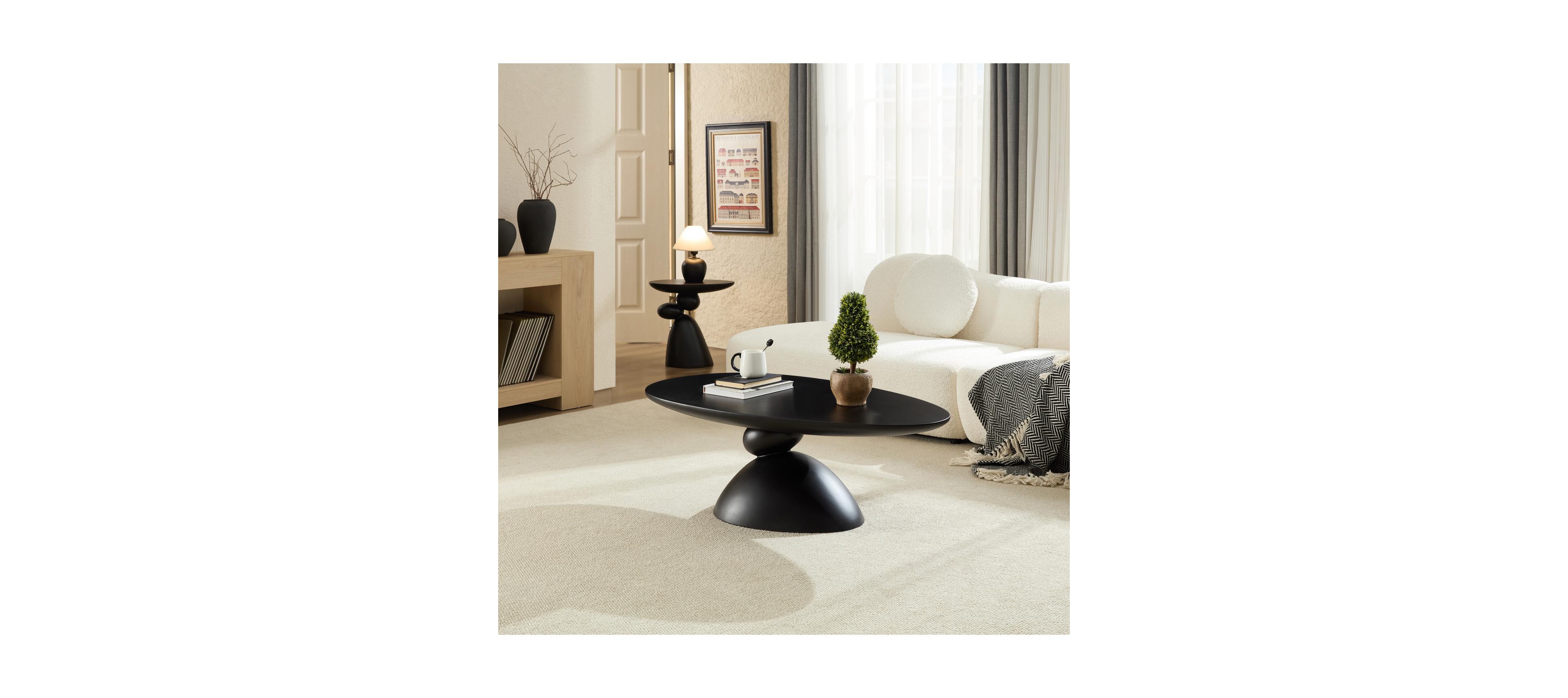 Streamdale Lucky Stone Oval Coffee Table, Modern Minimalist Fiberglass Center Table, Black