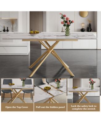 59" Modern Expandable Dining Table w/Retractable Leaf, Charred Stone and Gold Base