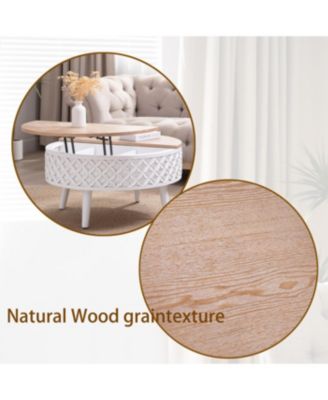Streamdale Round Coffee Table with Storage Lift-Top Accent Table, White Carved Base