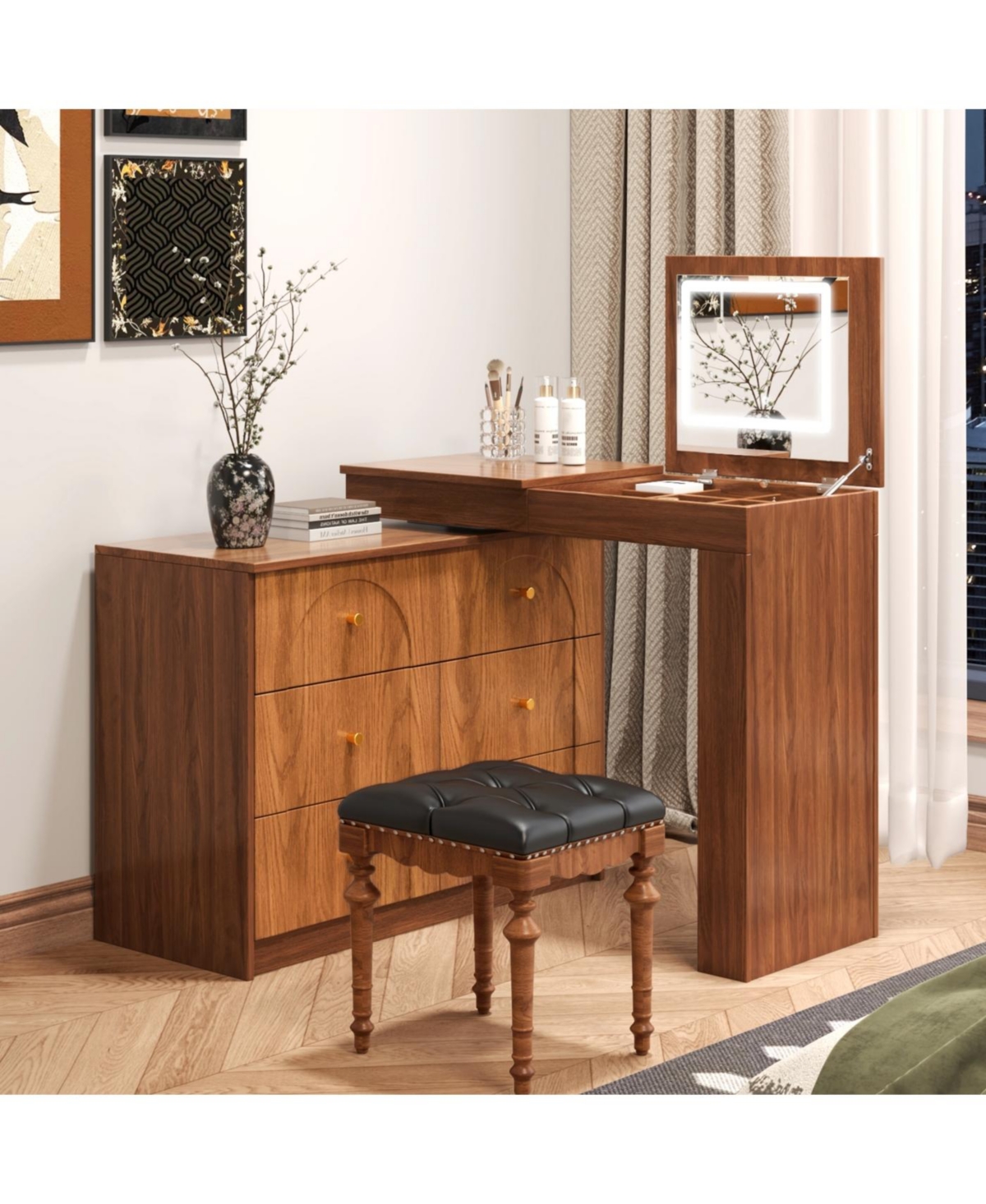 Streamdale Furniture Streamdale Vanity Desk with Mirror, Lights, Flip-Top, 7 Drawers, 9 Compartments, 3 Shelves, Walnut