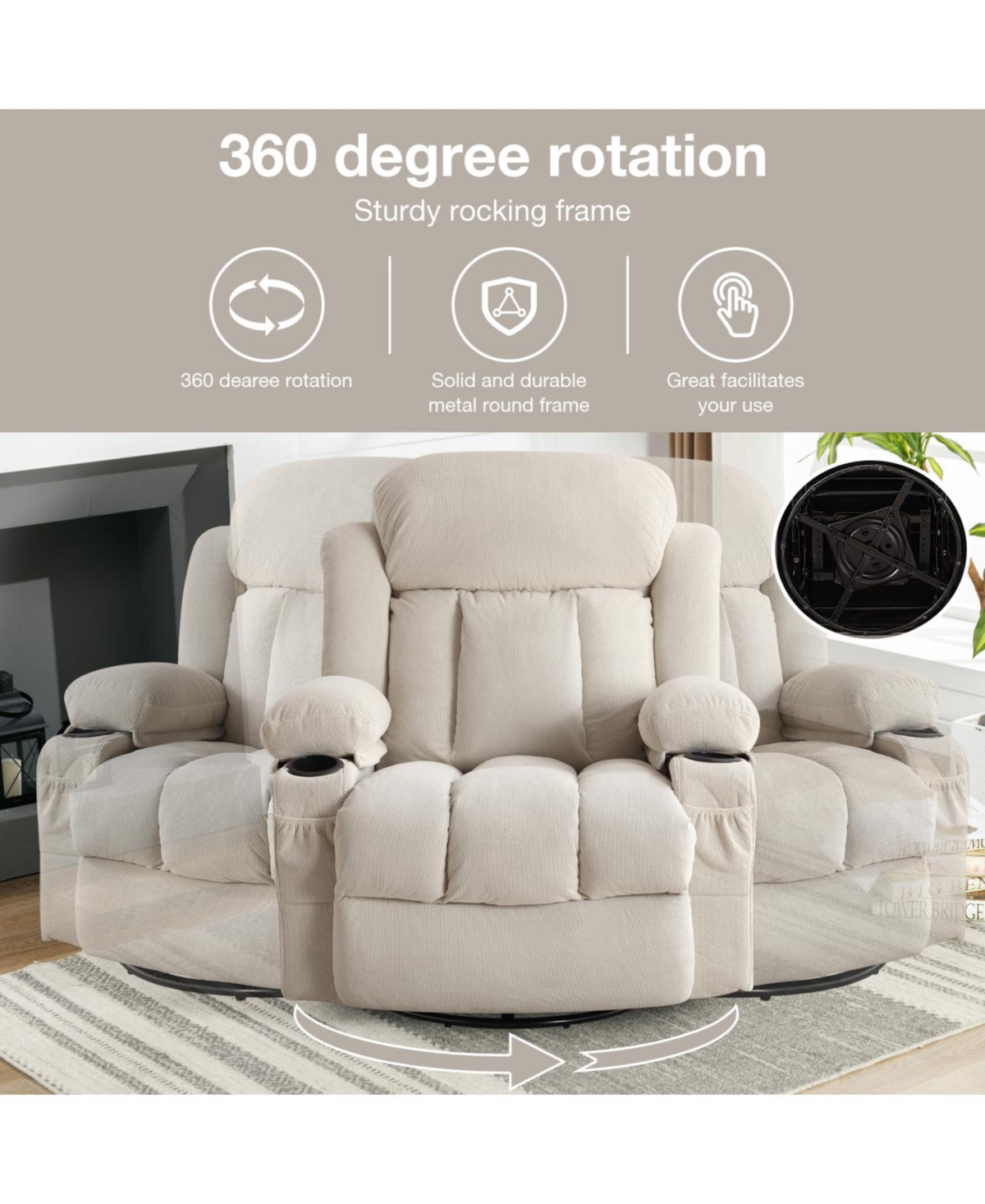 Streamdale Furniture Swinging recliner massage heated sofa with Usb and cup holders (Beige