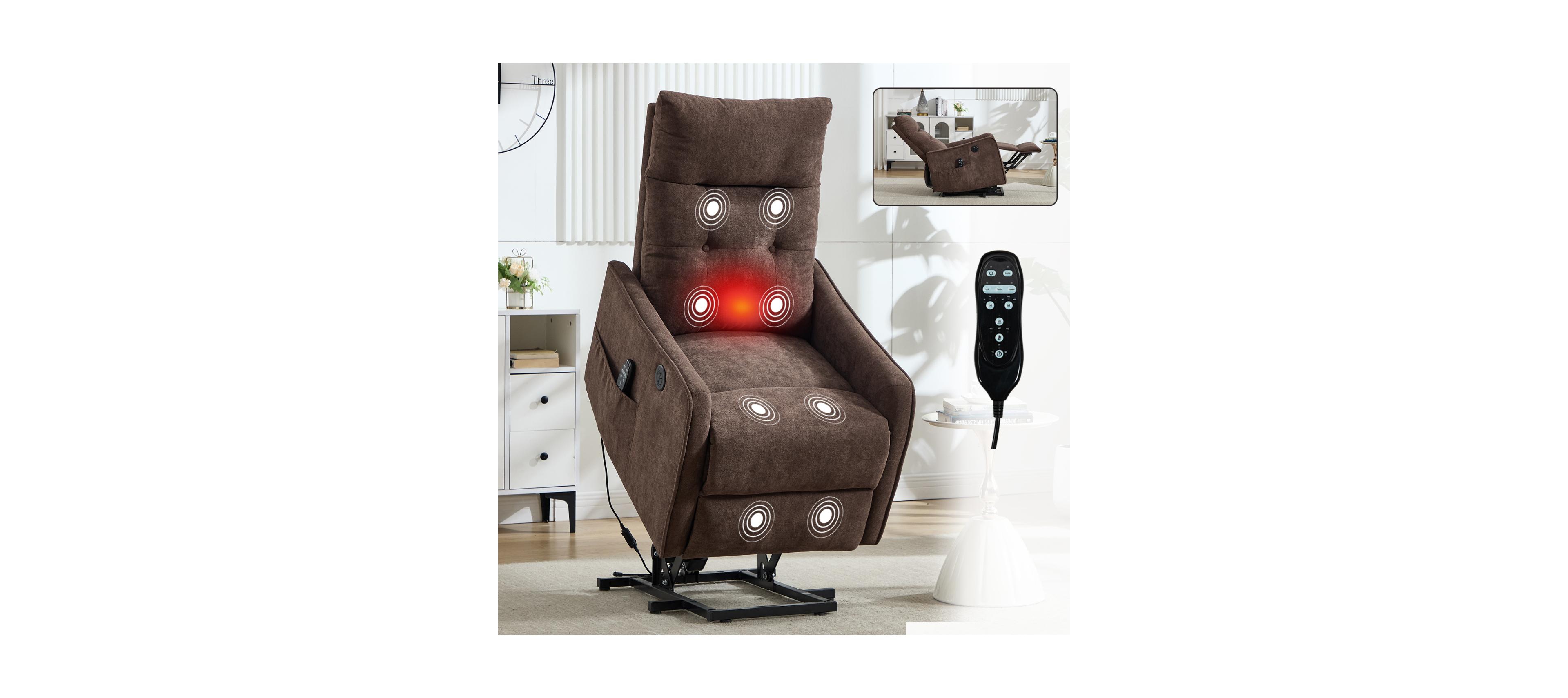 Streamdale Furniture Brown Chenille Power Lift Recliner Chair with Massage & Heat for Elderly