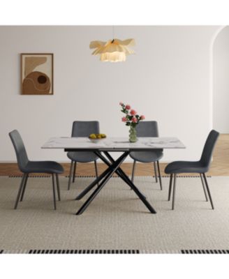 Modern Expandable Dining Table w/Retractable Leaf, Charred Stone & Black Base
