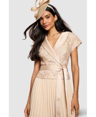 Women's Lace Wrap Top Pleat Tux Midi Dress