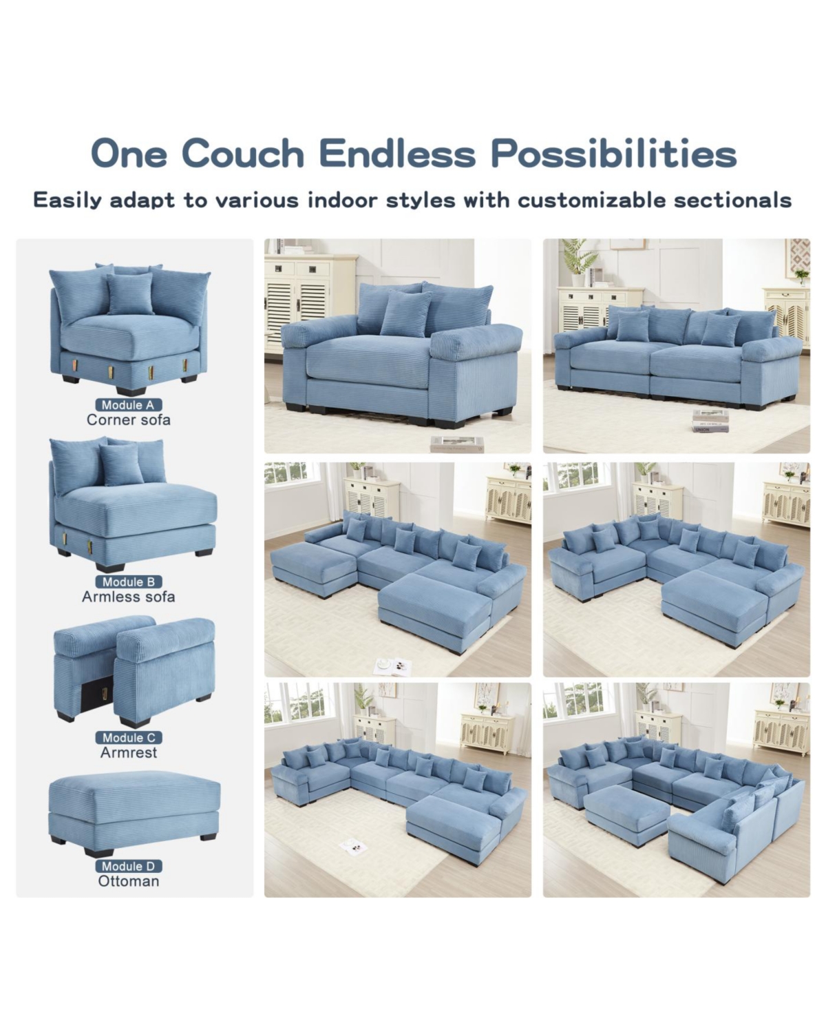 Streamdale Furniture Streamdale Oversized Cloud Modular Sectional Couch with Ottoman, Soft Corduroy, Blue