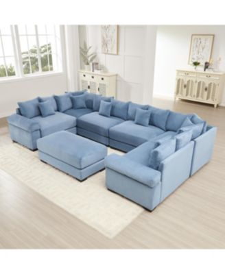 Streamdale Oversized Cloud Modular Sectional Couch with Ottoman, Soft Corduroy, Blue