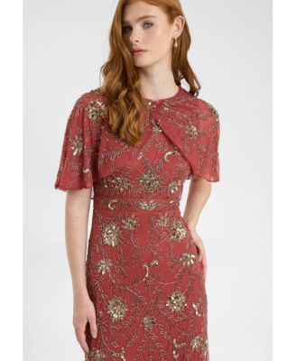 Women's Embellished Sequin Beaded Maxi Dress With Boat Neckline With Cape-Style Short Sleeves