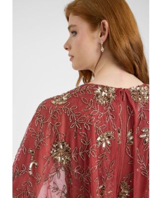 Women's Embellished Sequin Beaded Maxi Dress With Boat Neckline With Cape-Style Short Sleeves