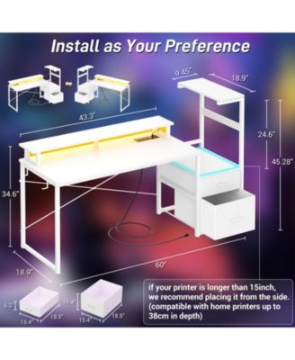 Gaming Desk with Outlets and LED Light, 59'' Reversible Computer Desk with File Drawers & Monitor Stand