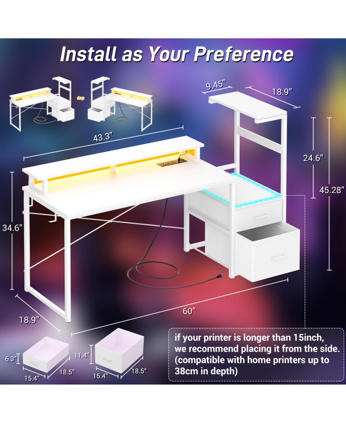 Aheaplus Gaming Desk with Outlets and Led Light, 59'' Reversible Computer File Drawers & Monitor Stand
