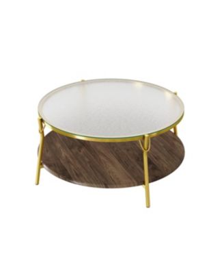 Streamdale Modern Round Walnut Coffee Table with Glass Top & Gold Base