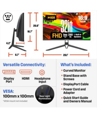 32" Curved Full HD Gaming Monitor, 165Hz, AMD FreeSync, Low Motion Blur, 1500R, 1080p, DP & 2x HDMI, Built-in Speakers