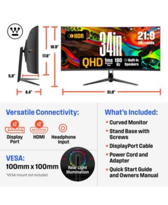 34" Curved Ultrawide Gaming Monitor, 180Hz, AMD FreeSync, 1500R Curve, 3440x1440, Built-in Speakers, 2xDP, 2xHDMI