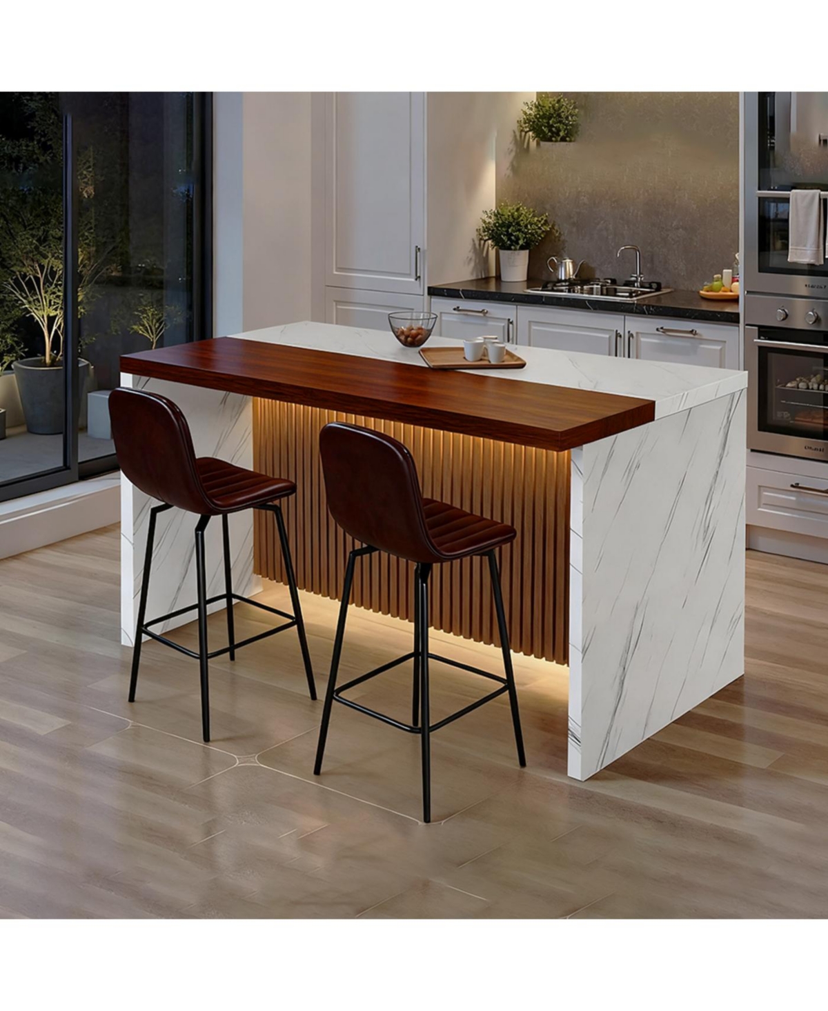 Streamdale Furniture Modern Kitchen Island Set with 2 Bar Stools - White Marble Look, Led Lighting & Grill Design