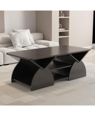Streamdale Engineered Wood Rounded Corner Rectangular Coffee Table with Open Shelves - BLACK