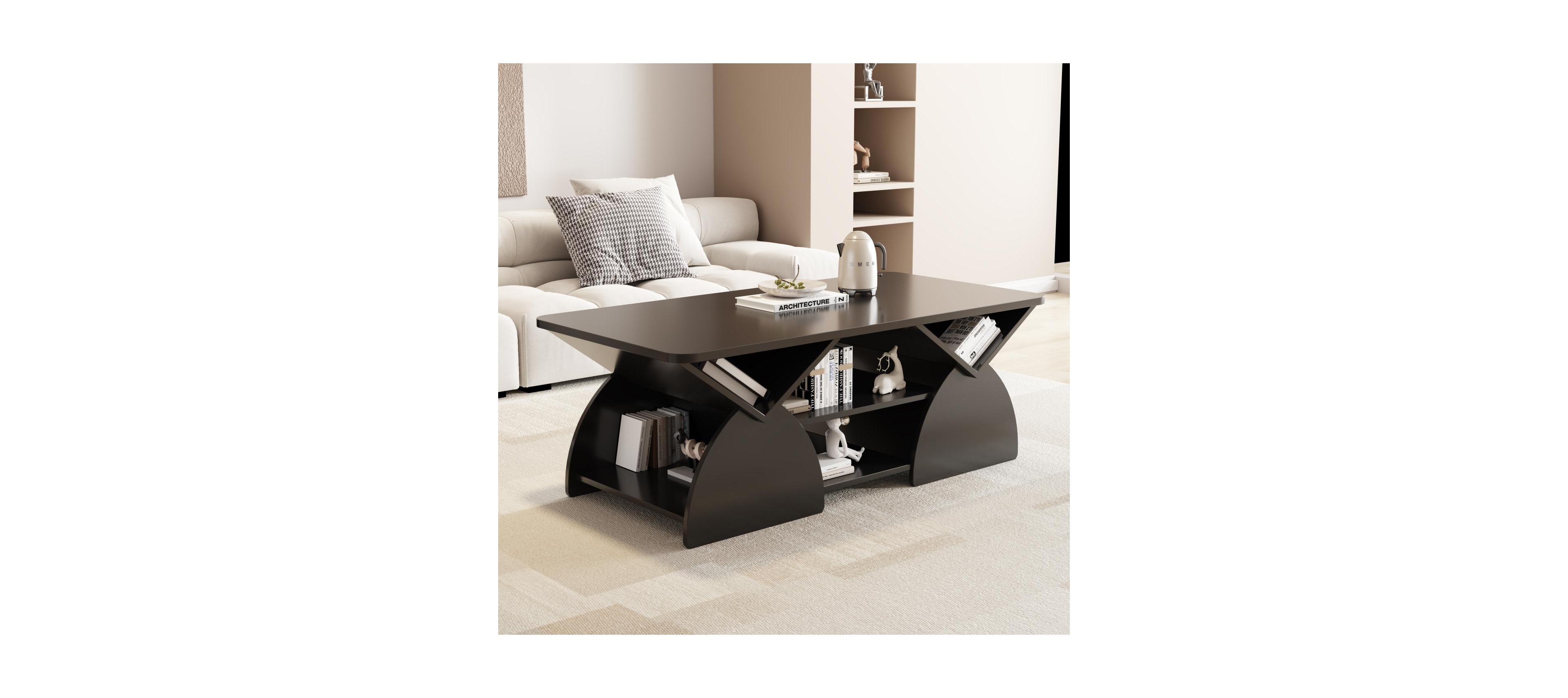 Streamdale Engineered Wood Rounded Corner Rectangular Coffee Table with Open Shelves - Black