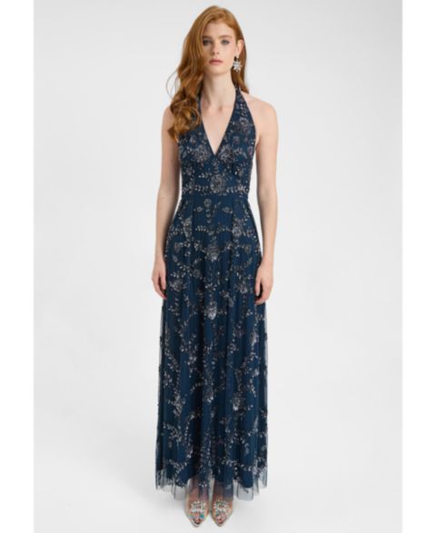 Женское платье BEAUUT Embellished Sequin Beaded Maxi Dress With Halter Neck With Deep V-Cut, цвет: Тёмно-синий