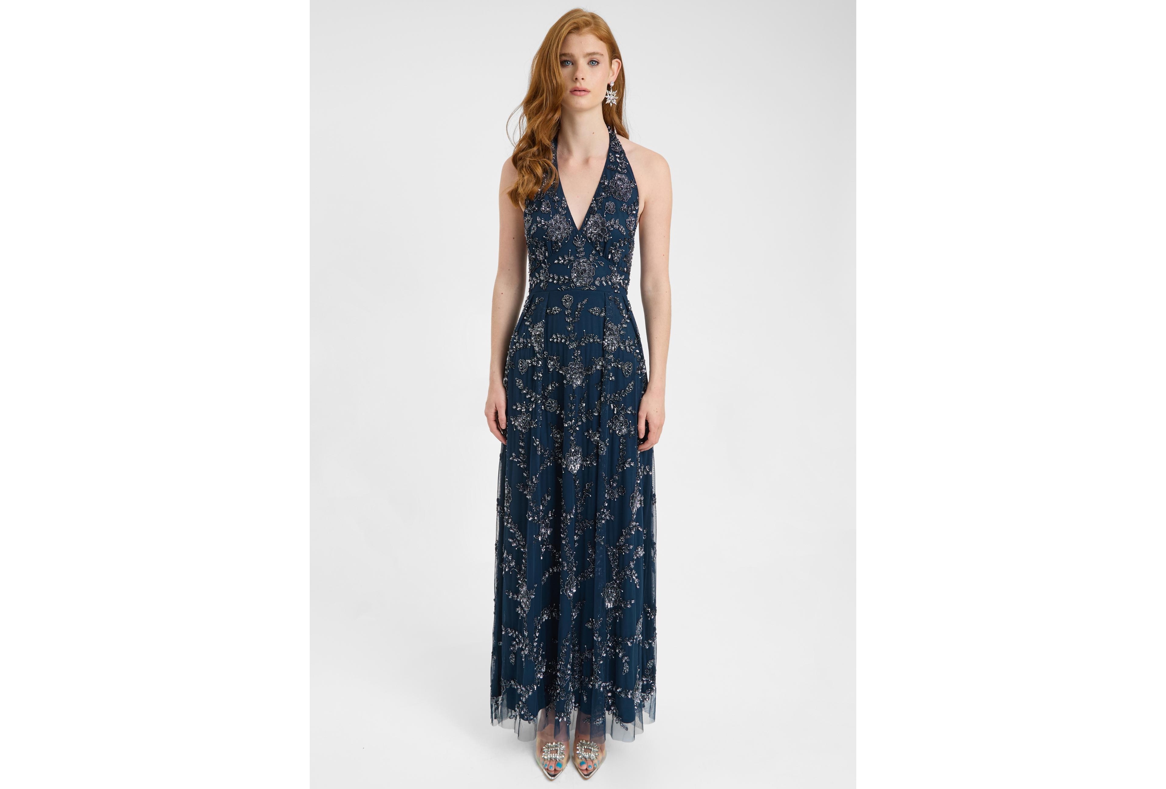 Beauut Women's Embellished Sequin Beaded Maxi Dress With Halter Neck Deep V-Cut