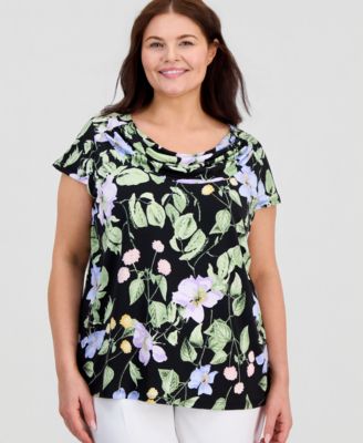 Plus Size Printed Cap-Sleeve Cowl-Neck Top