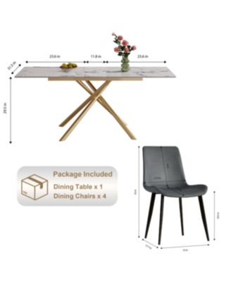 Modern Expandable Dining Table with Retractable Leaf, Stone Top & X-Base, 4 Chairs