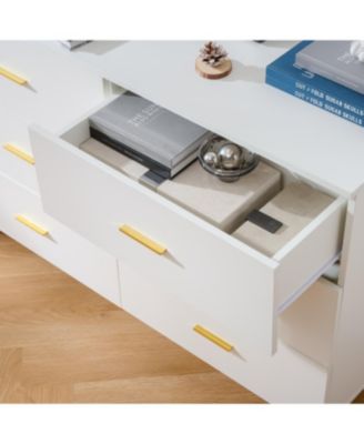 Six drawers, golden straight aluminum handle, golden triangle legs, white locker