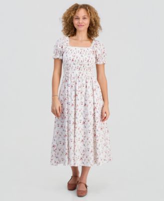 Juniors' Textured Floral Printed Puff-Sleeve Midi Dress