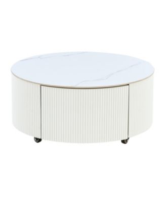 Streamdale Modern Round Coffee Table with Casters & 2 Drawers, White Marble Top