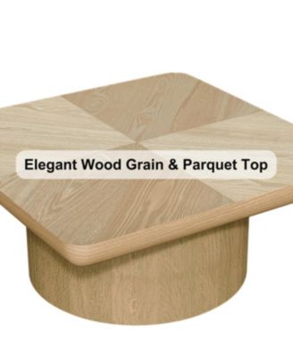 Streamdale 34.6" Square Coffee Table, Modern Wood Veneer Top with Parquet Pattern & Cylindrical Base