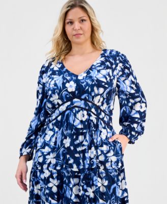 Plus Size Printed V-Neck Waist-Trim Dress