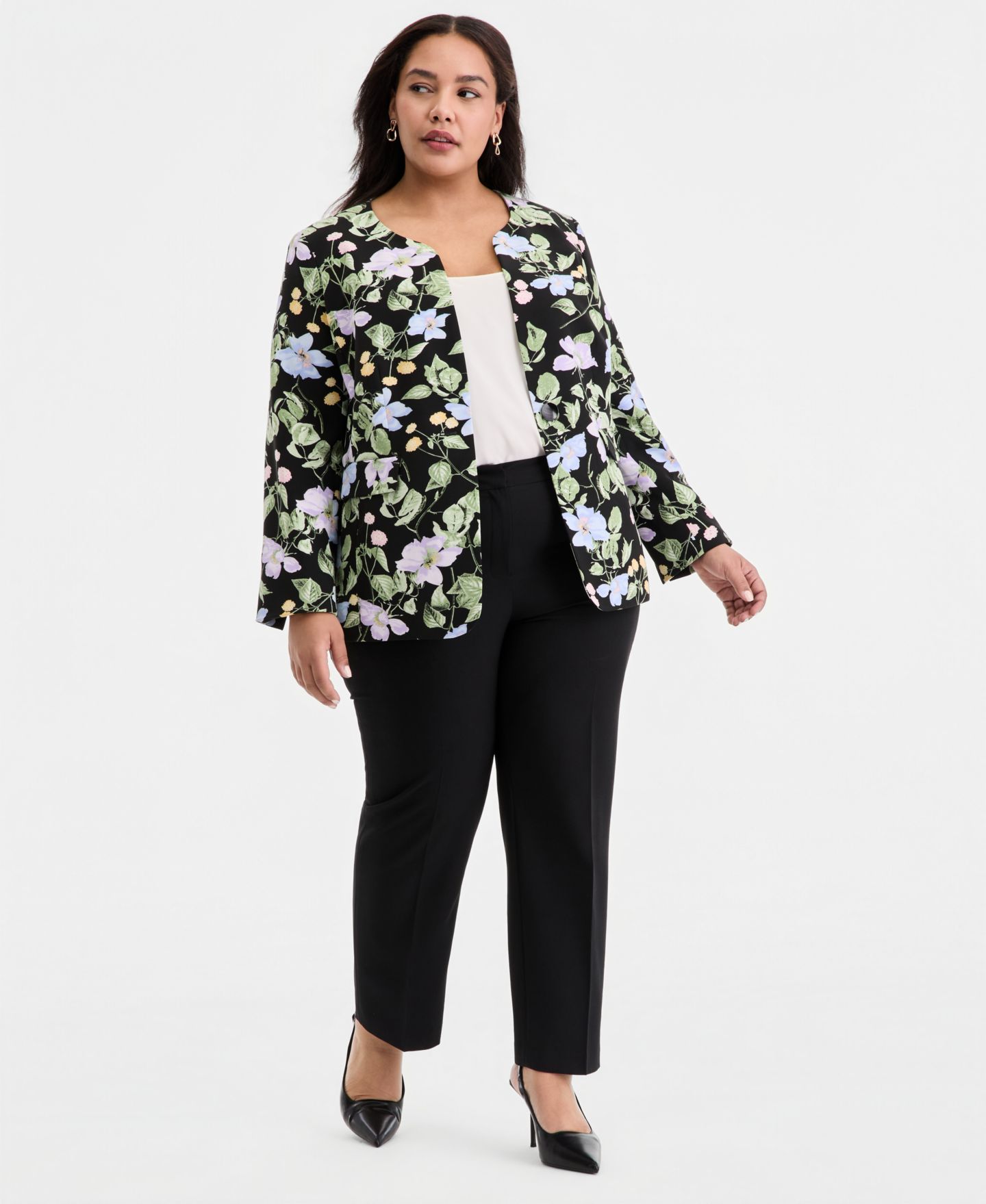 Женская куртка Kasper Plus Size Floral Print Open-Front, цвет: Чёрный разноцветный — фото 2