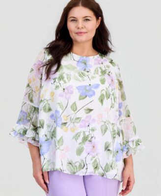 Plus Size Floral Clip-Dot Flounce-Sleeve Blouse